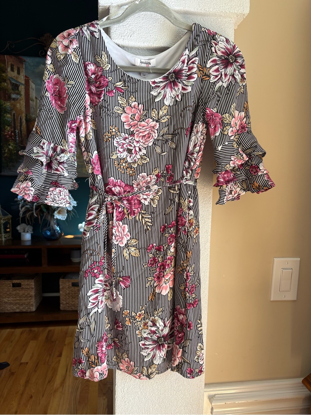Speechless Black-and-White Striped Dress with Pink Floral Print